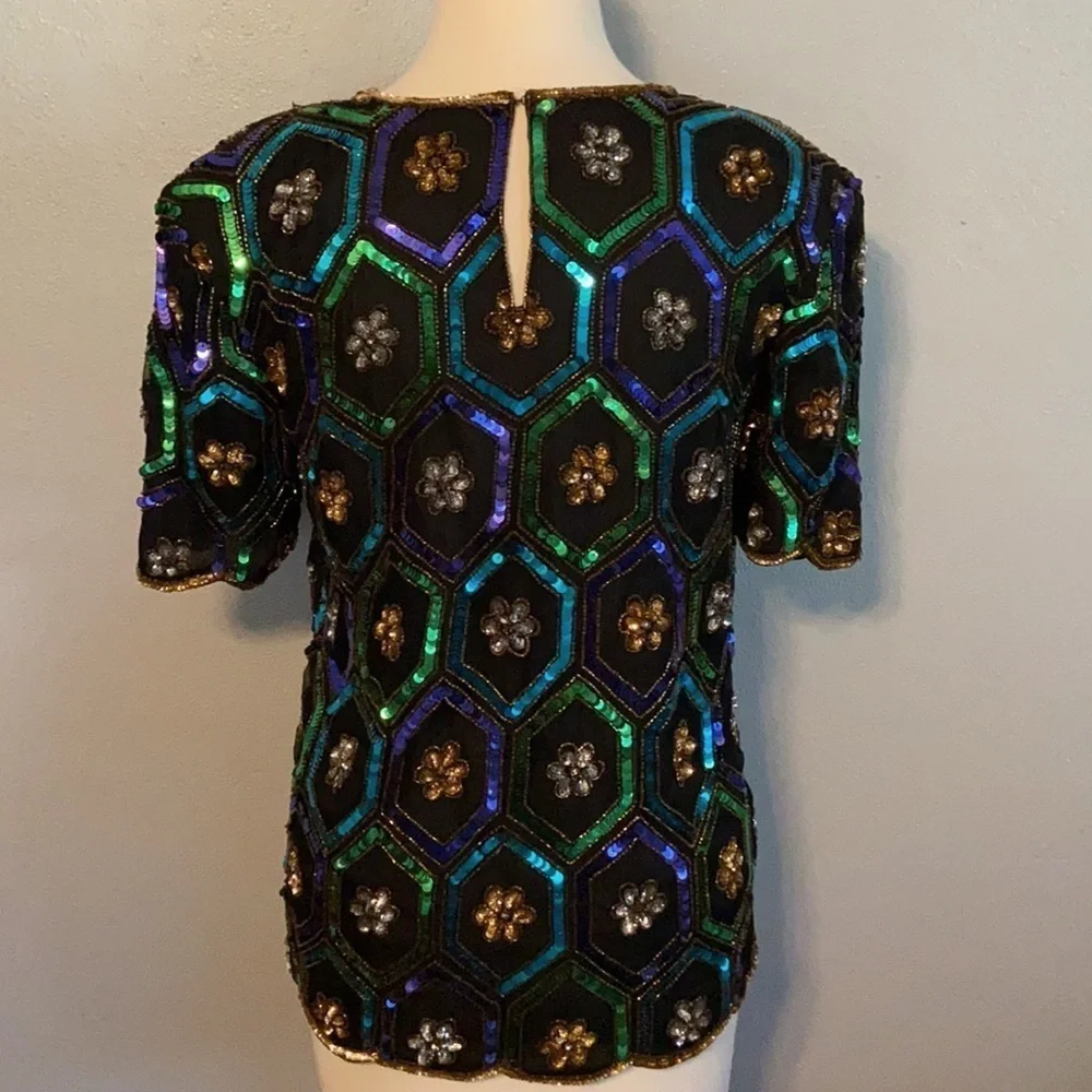 Vintage Y2K Night Vogue Top Heavily Sequined Silk Small Holiday - Picture 4 of 12